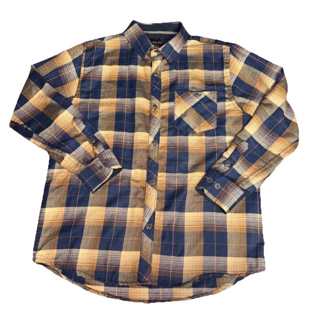 Nomad Boys Size 14/16 Brown Blue Plaid Shirt Button Up‎ Long Sleeve Western Flaw